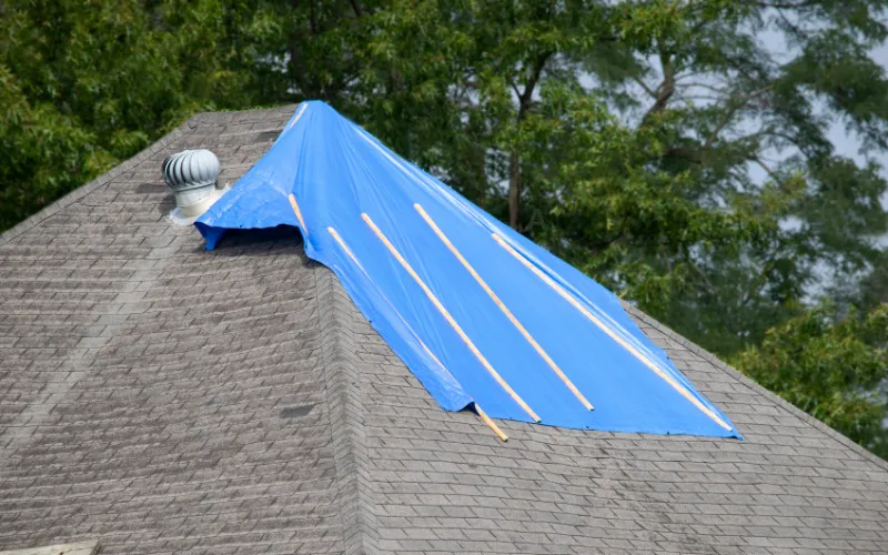 general roof repair services - damaged shingles covered with a tarp until repairs can be made